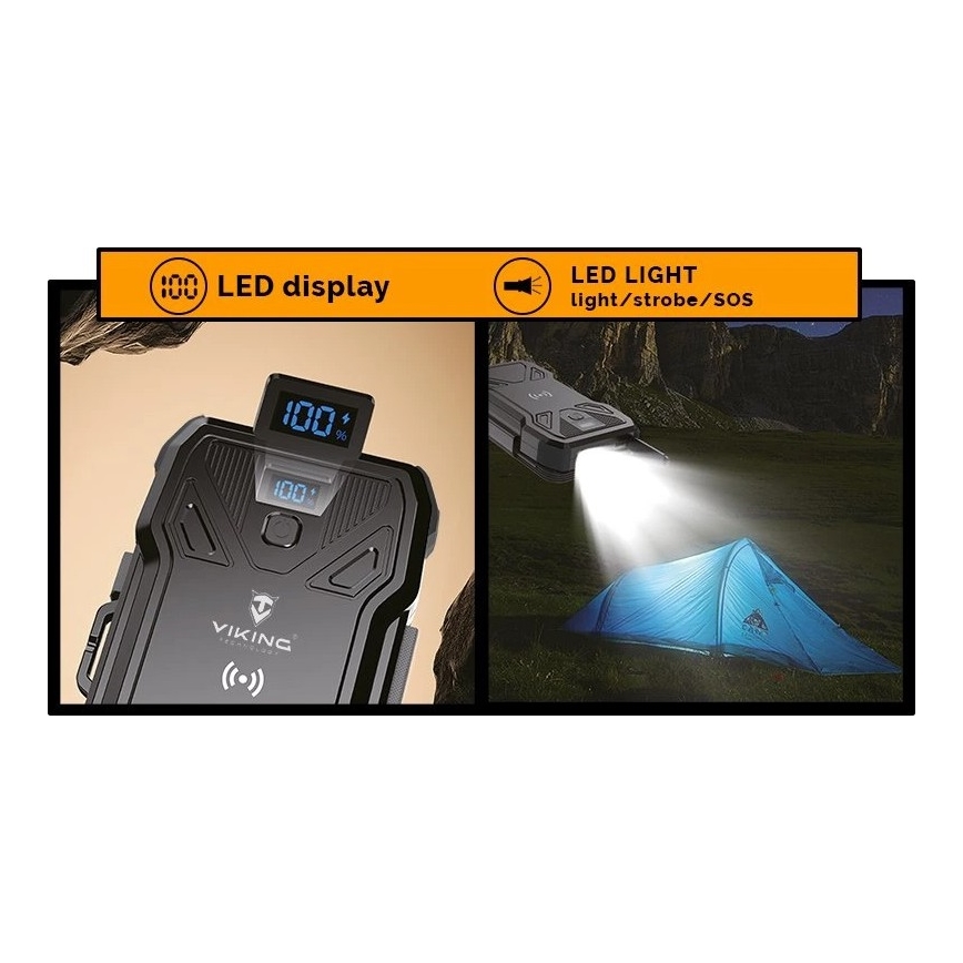 Viking - Power Bank with LED Flashlight, Wireless Charging and Solar Panel Power Delivery 22.5W/10000 mAh