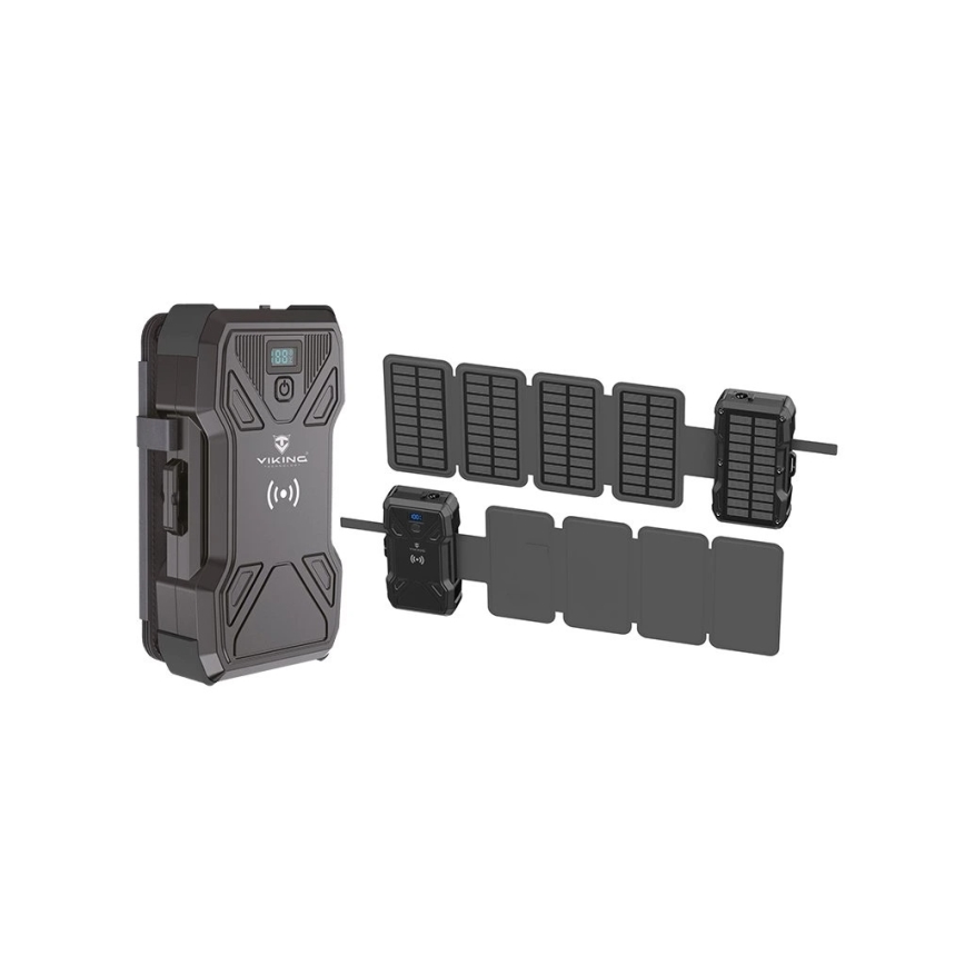Viking - Power Bank with LED flashlight, wireless charging and solar panel Power Delivery 22,5W/30000 mAh