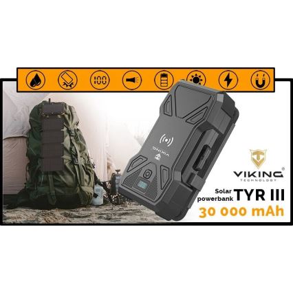 Viking - Power Bank with LED flashlight, wireless charging and solar panel Power Delivery 22,5W/30000 mAh