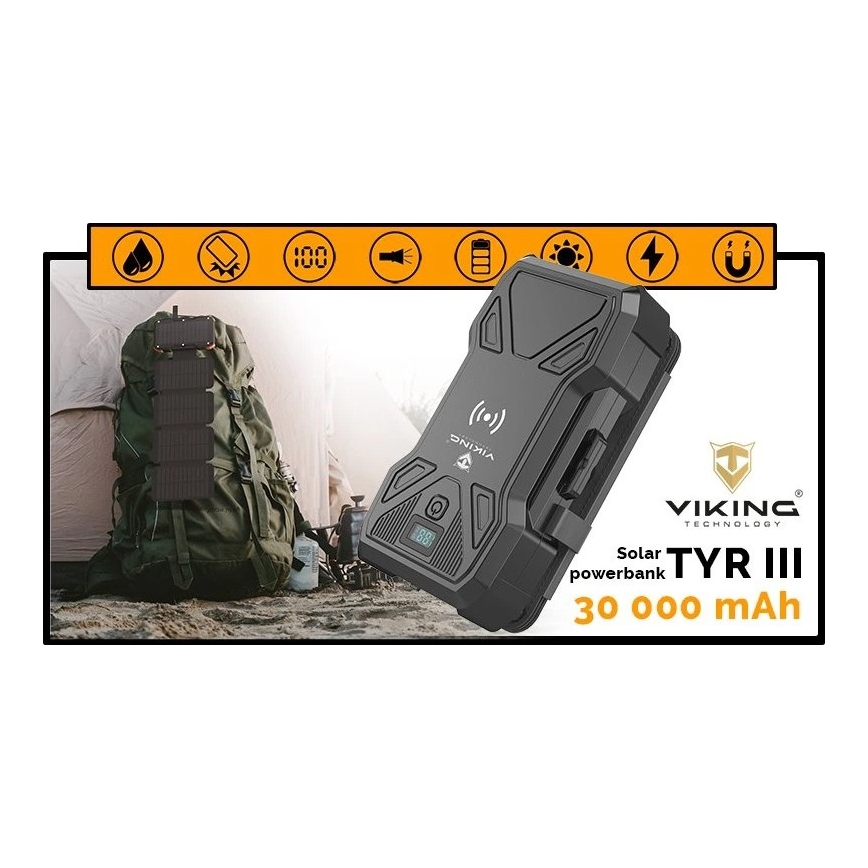 Viking - Power Bank with LED flashlight, wireless charging and solar panel Power Delivery 22,5W/30000 mAh