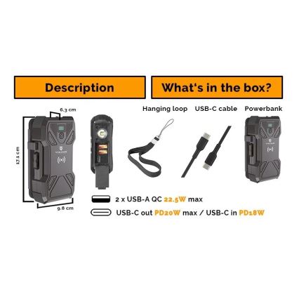 Viking - Power Bank with LED flashlight, wireless charging and solar panel Power Delivery 22,5W/30000 mAh