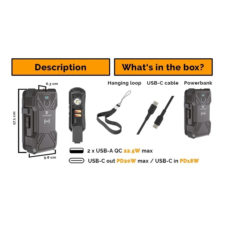 Viking - Power Bank with LED flashlight, wireless charging and solar panel Power Delivery 22,5W/30000 mAh