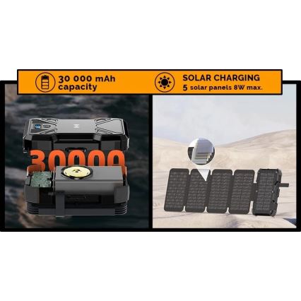 Viking - Power Bank with LED flashlight, wireless charging and solar panel Power Delivery 22,5W/30000 mAh