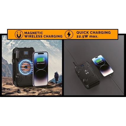 Viking - Power Bank with LED flashlight, wireless charging and solar panel Power Delivery 22,5W/30000 mAh