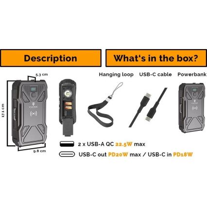 Viking - Power bank with LED flashlight, wireless charging and solar panel, Power Delivery 22.5 W / 20,000 mAh