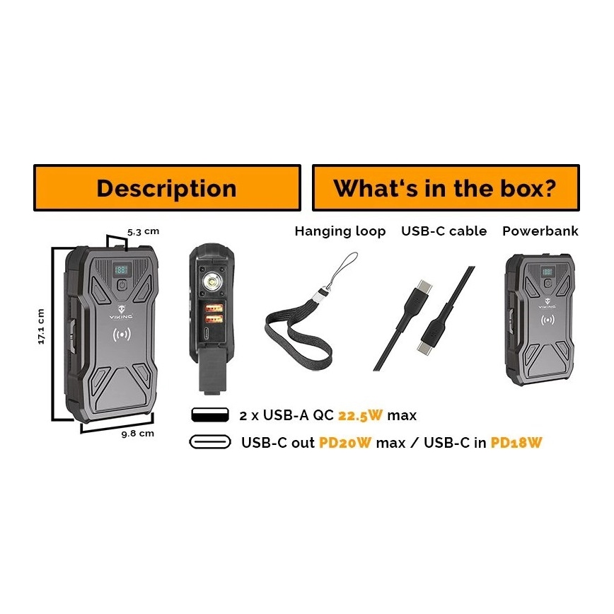 Viking - Power bank with LED flashlight, wireless charging and solar panel, Power Delivery 22.5 W / 20,000 mAh