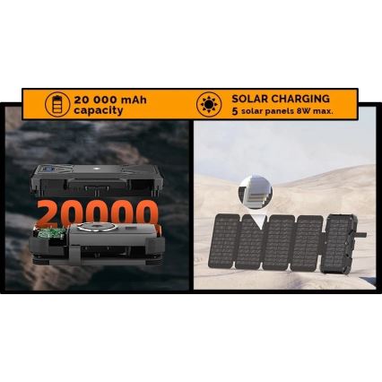 Viking - Power bank with LED flashlight, wireless charging and solar panel, Power Delivery 22.5 W / 20,000 mAh