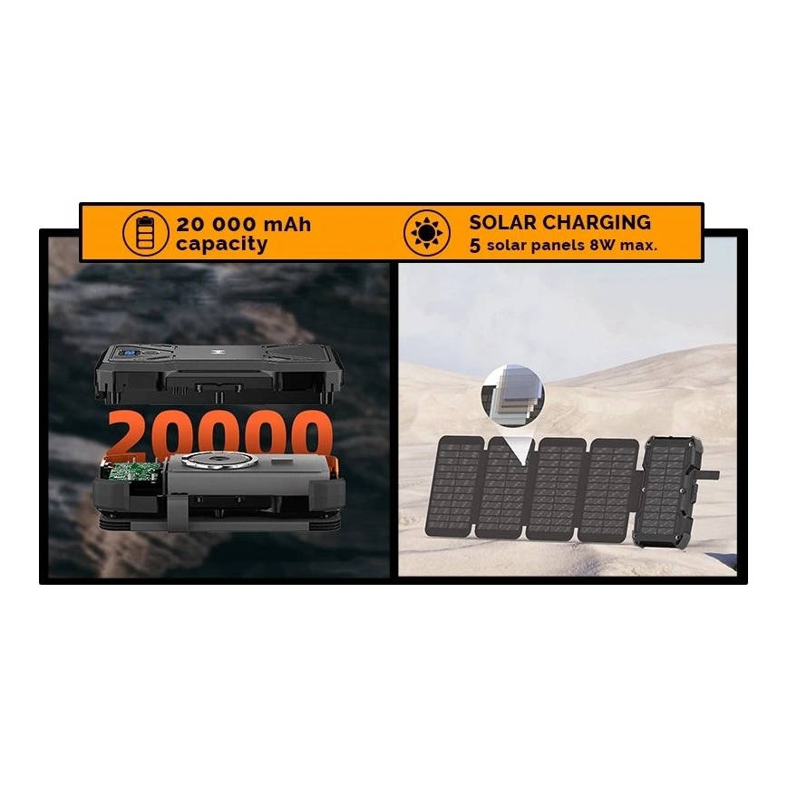 Viking - Power bank with LED flashlight, wireless charging and solar panel, Power Delivery 22.5 W / 20,000 mAh