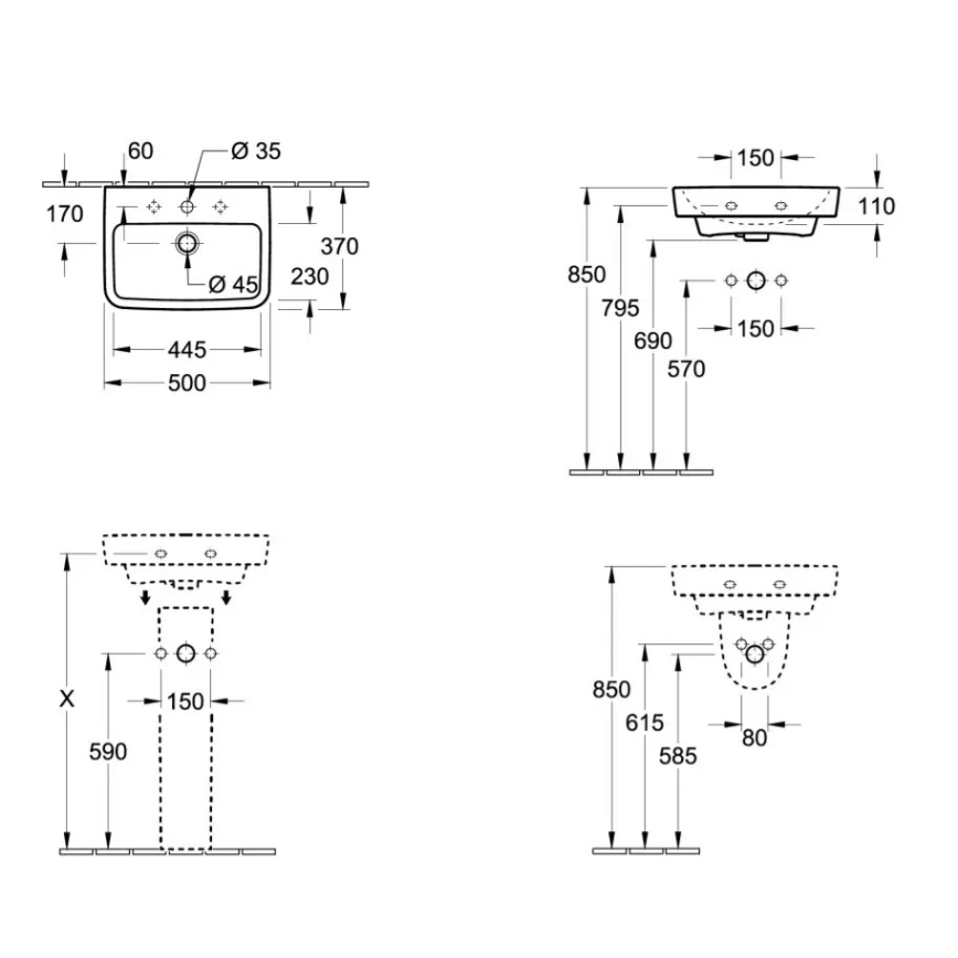 Villeroy & Boch 43445001 - O.NOVO Wall-hung Washbasin 50 x 37 cm, ceramic/white