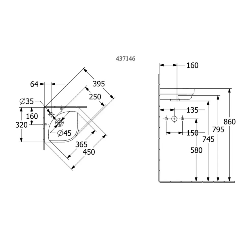 Villeroy & Boch 43714601 - SUBWAY 3.0 Corner wall-hung washbasin 32x32 cm ceramic/white