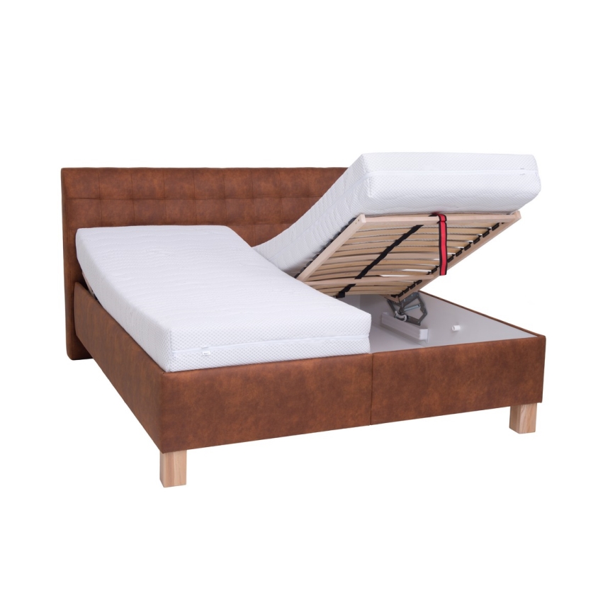VIOLET Upholstered Bed with Mattress and Built-in Storage, 180x200 cm, Cognac Brown
