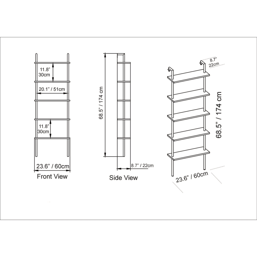 Wall bookcase PAULA 174x60 cm black