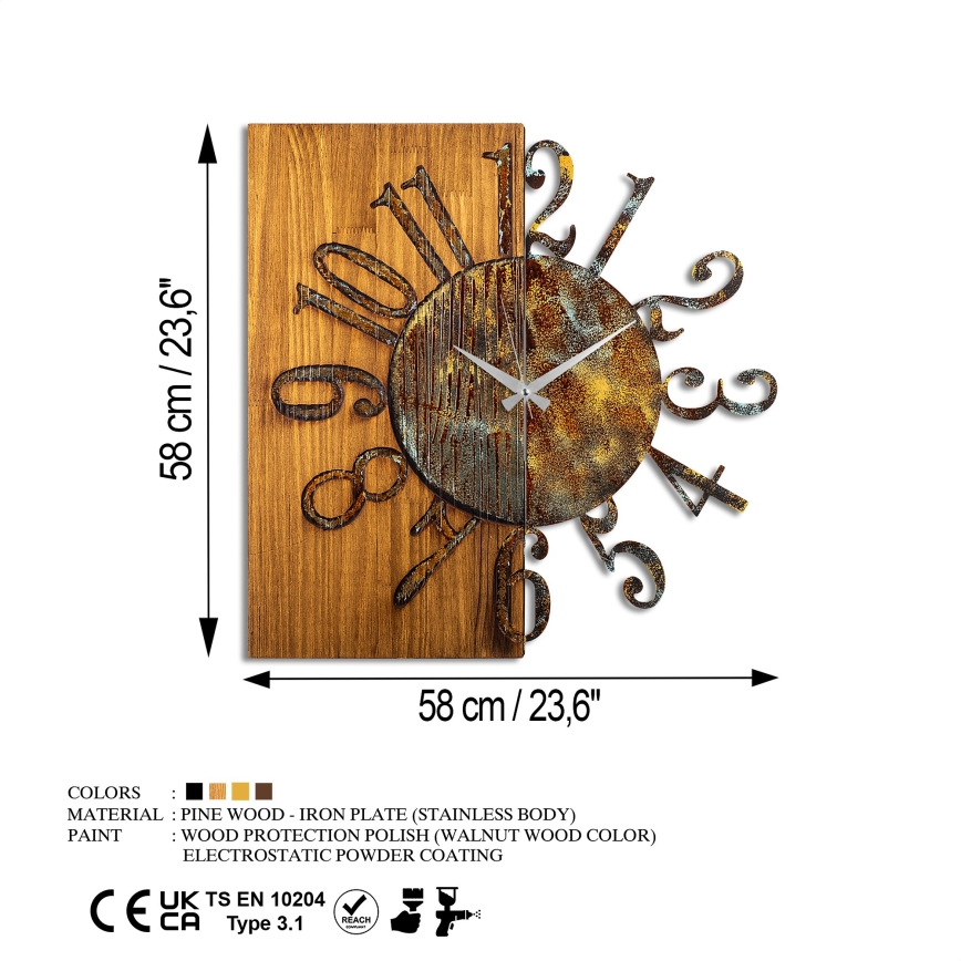 Wall clock 58x58 cm 1xAA wood/metal