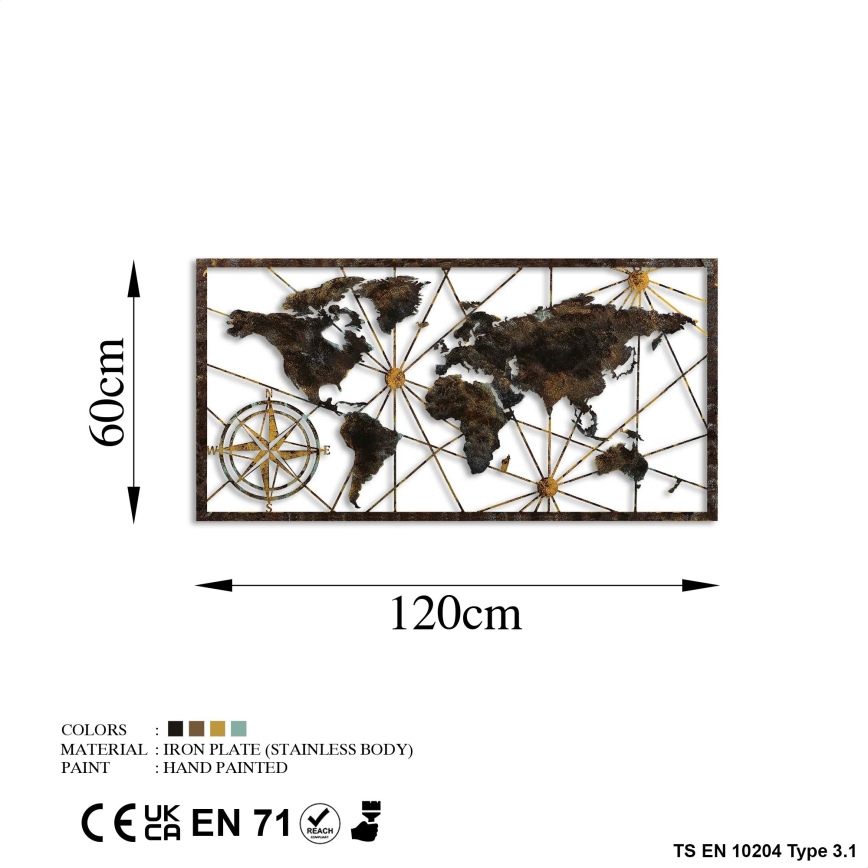 Wall decoration 120x60 cm world map metal