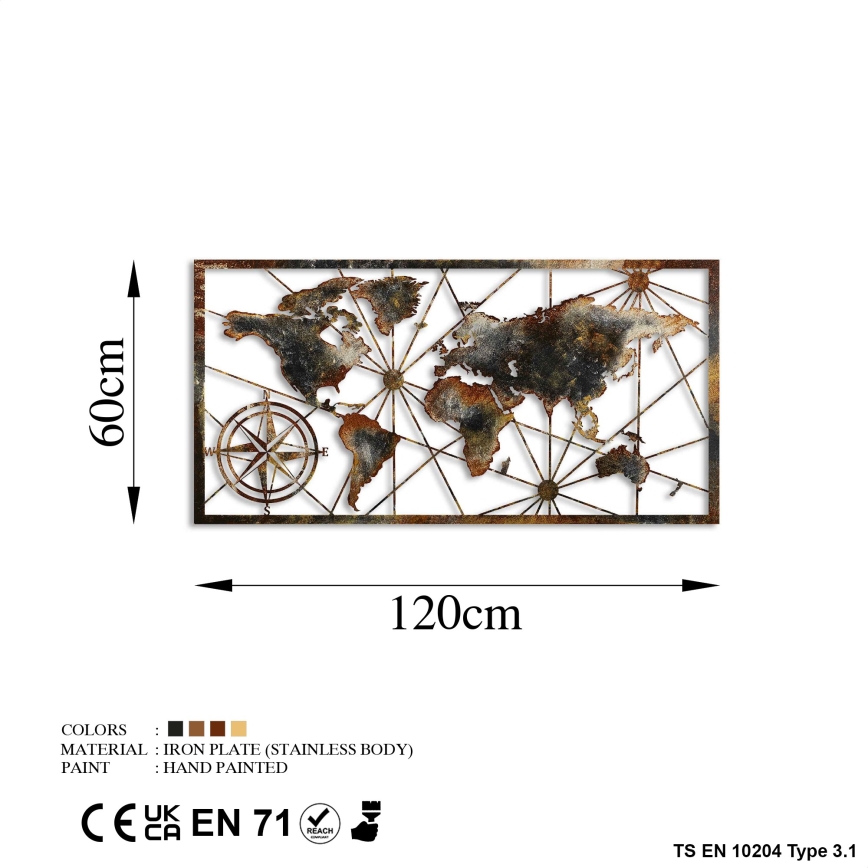 Wall decoration 120x60 cm world map metal