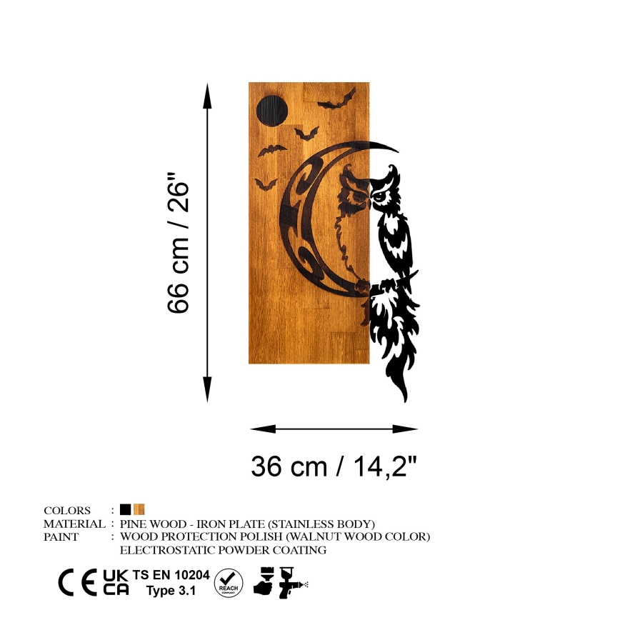 Wall decoration 36x66 cm owl wood/metal
