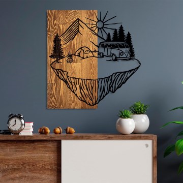 Wall decoration 54x57 cm camping wood/metal