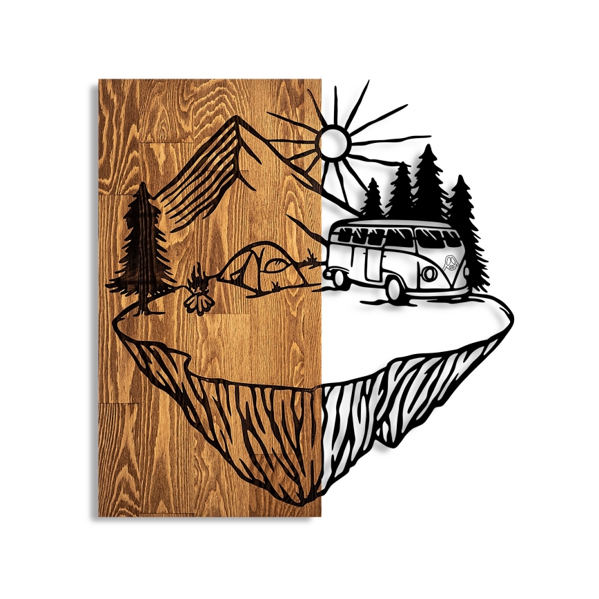 Wall decoration 54x57 cm camping wood/metal