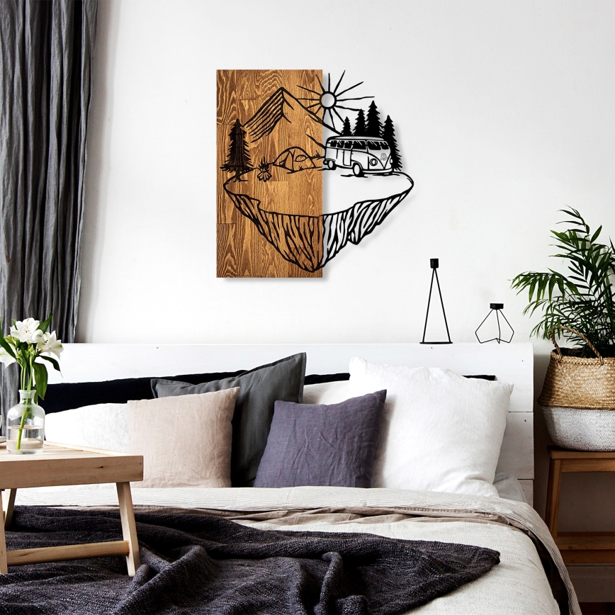 Wall decoration 54x57 cm camping wood/metal