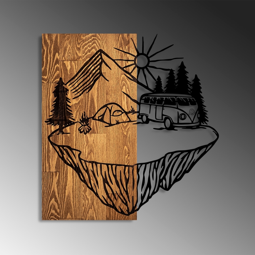 Wall decoration 54x57 cm camping wood/metal