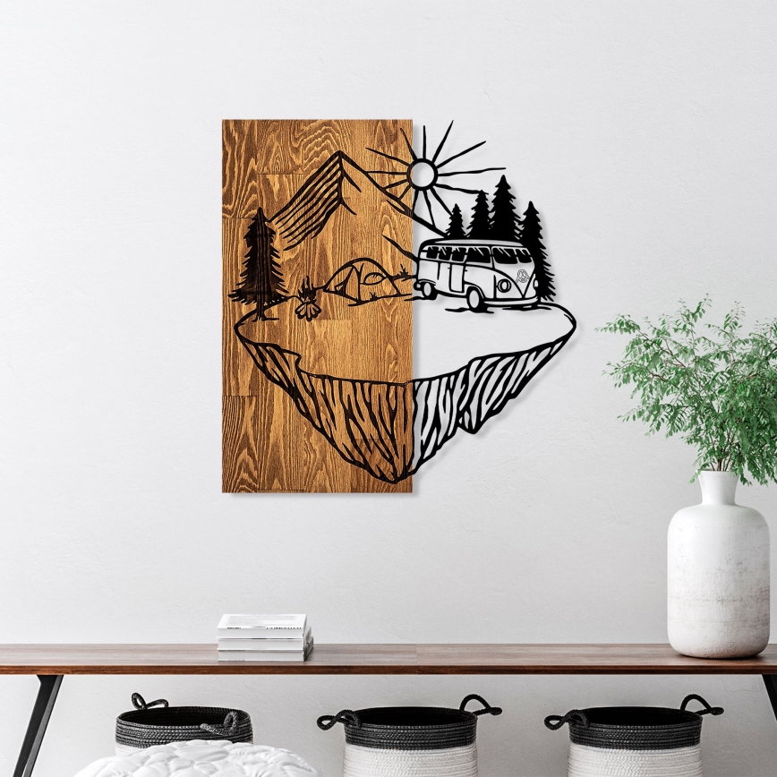 Wall decoration 54x57 cm camping wood/metal