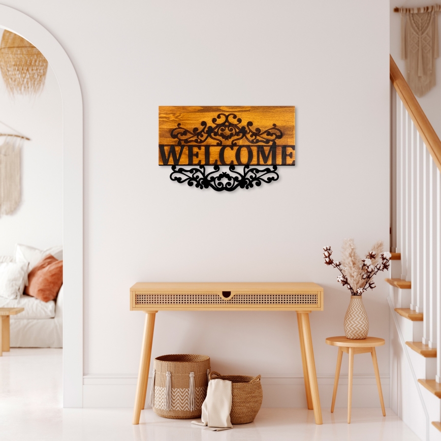 Wall decoration 58x36 cm welcome wood/metal