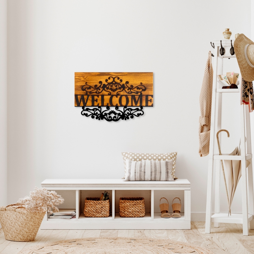 Wall decoration 58x36 cm welcome wood/metal