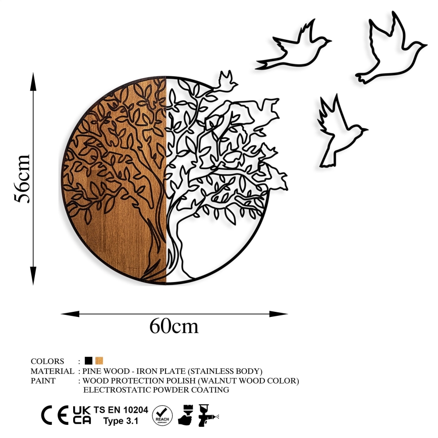 Wall decoration 60x56 cm tree and birds wood/metal