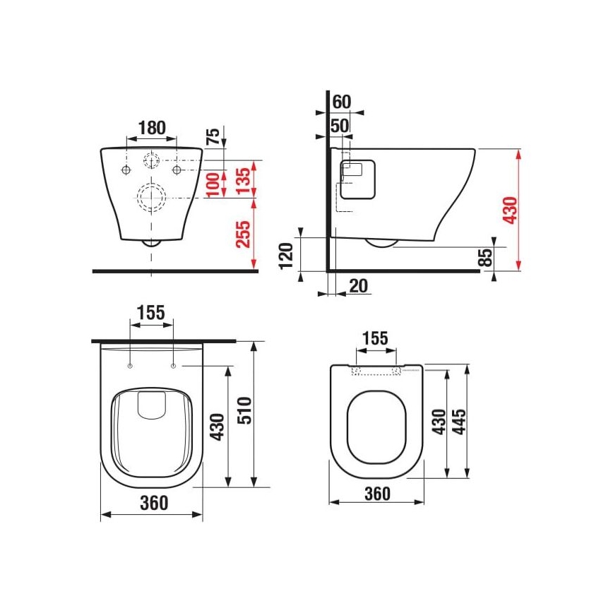 DEEP wall-hung toilet + DEEP SoftClose toilet seat + DUAL dual-flush plate + concealed cistern module + insulation pad