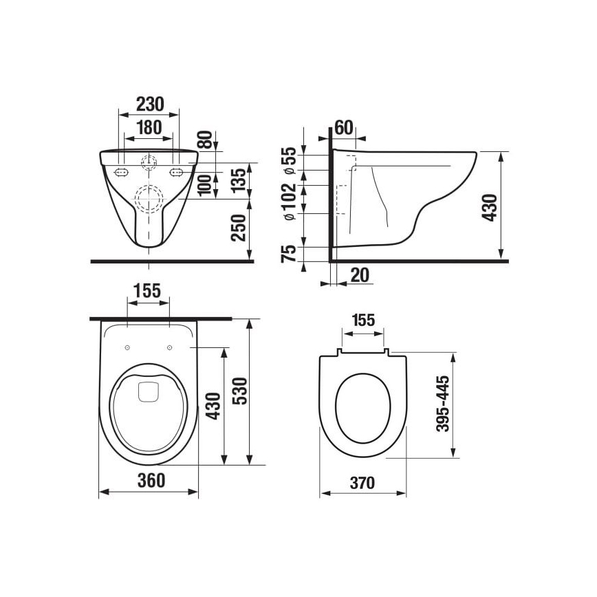 Wall-hung toilet LYRA Rimless + LYRA SoftClose toilet seat + DUAL flush plate + concealed cistern module + insulation pad