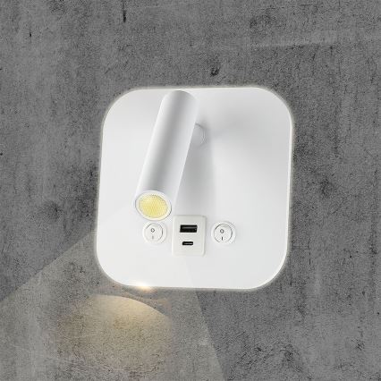 Wall-Mounted LED Spotlight with USB Port, 8W/230V, 3000K, White