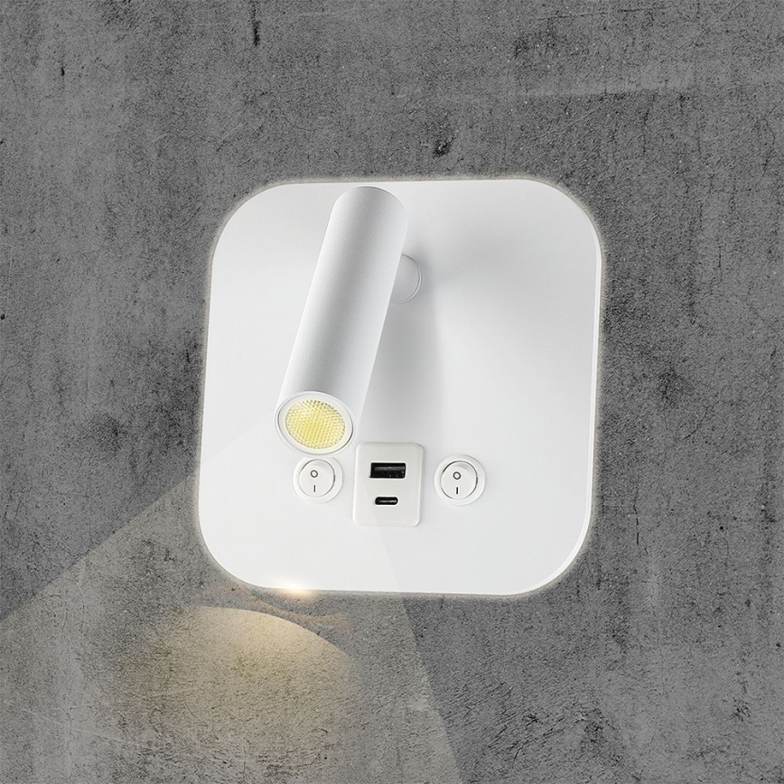 Wall-Mounted LED Spotlight with USB Port, 8W/230V, 3000K, White