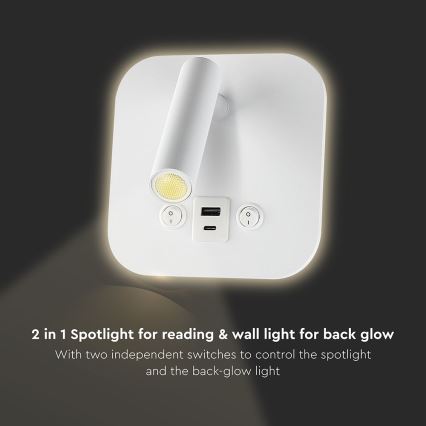 Wall-Mounted LED Spotlight with USB Port, 8W/230V, 3000K, White