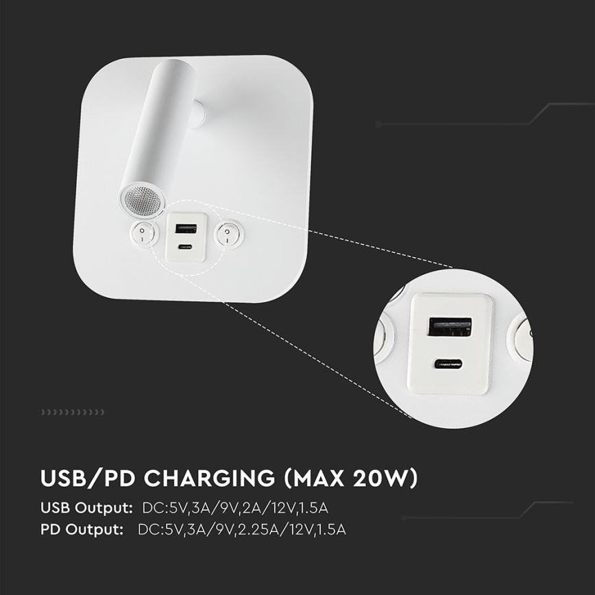 Wall-Mounted LED Spotlight with USB Port, 8W/230V, 3000K, White