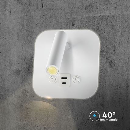 Wall-Mounted LED Spotlight with USB Port, 8W/230V, 3000K, White