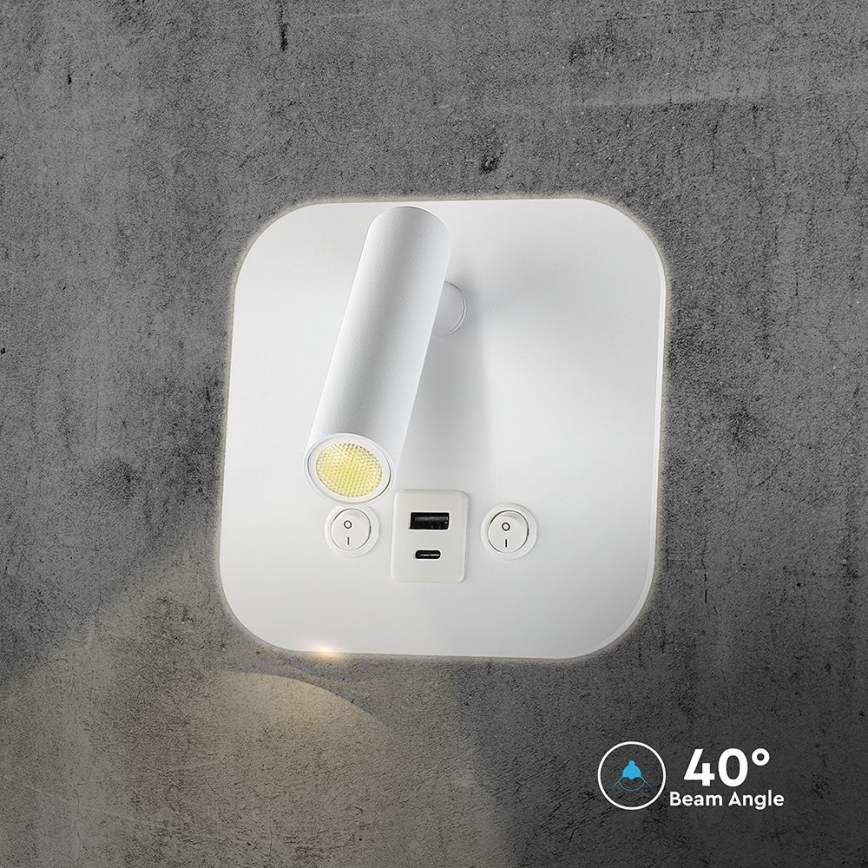 Wall-Mounted LED Spotlight with USB Port, 8W/230V, 3000K, White
