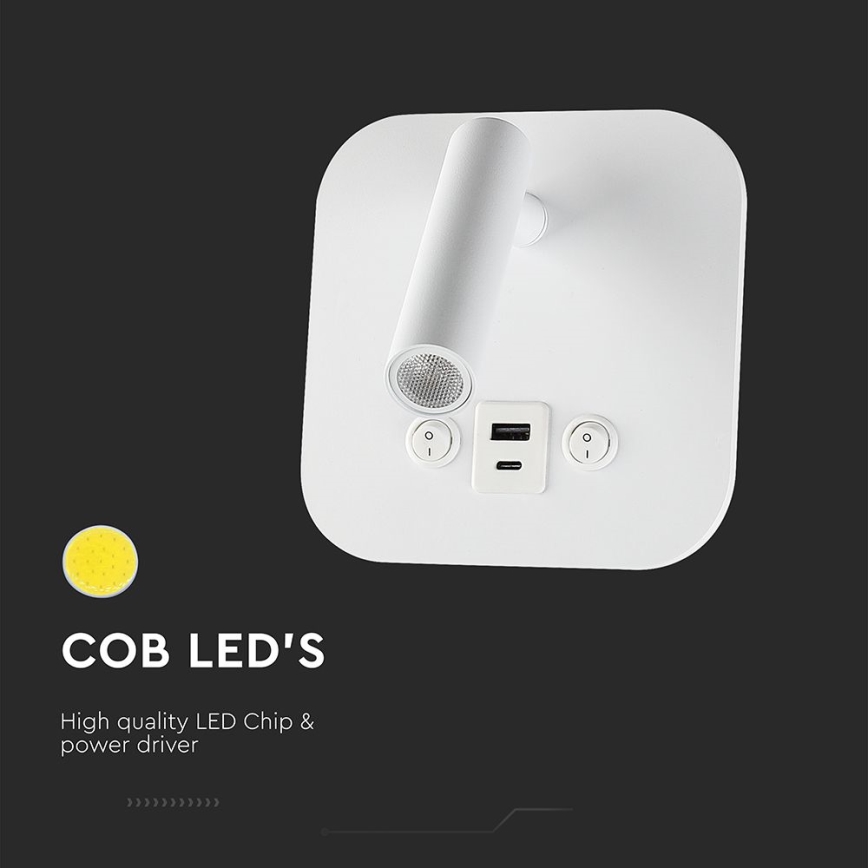 Wall-Mounted LED Spotlight with USB Port, 8W/230V, 3000K, White
