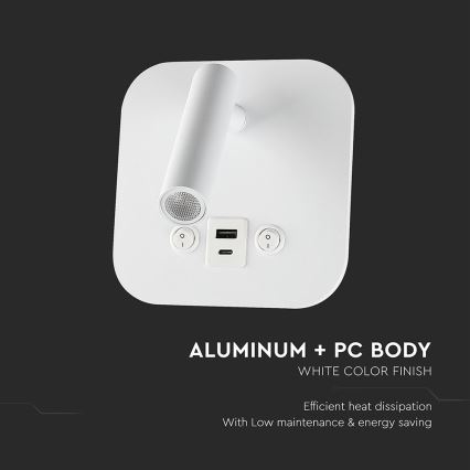 Wall-Mounted LED Spotlight with USB Port, 8W/230V, 3000K, White