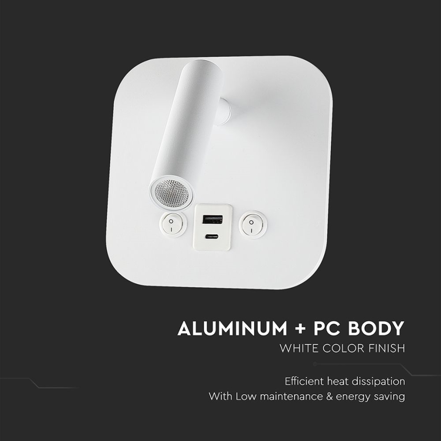 Wall-Mounted LED Spotlight with USB Port, 8W/230V, 3000K, White