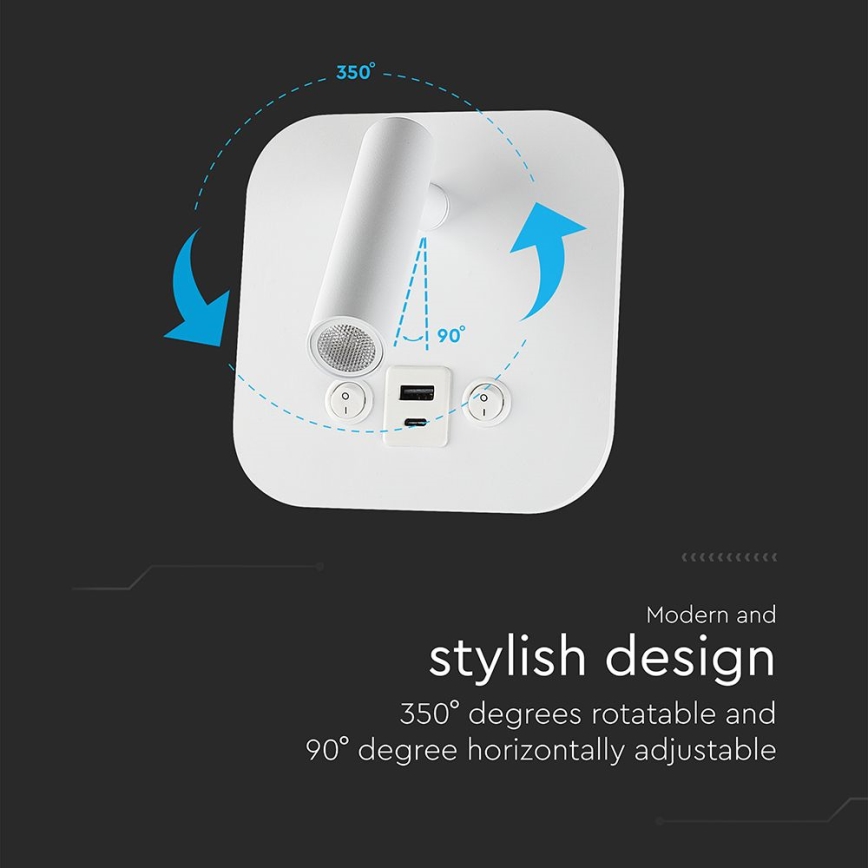 Wall-Mounted LED Spotlight with USB Port, 8W/230V, 3000K, White