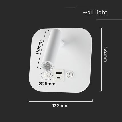 Wall-Mounted LED Spotlight with USB Port, 8W/230V, 3000K, White