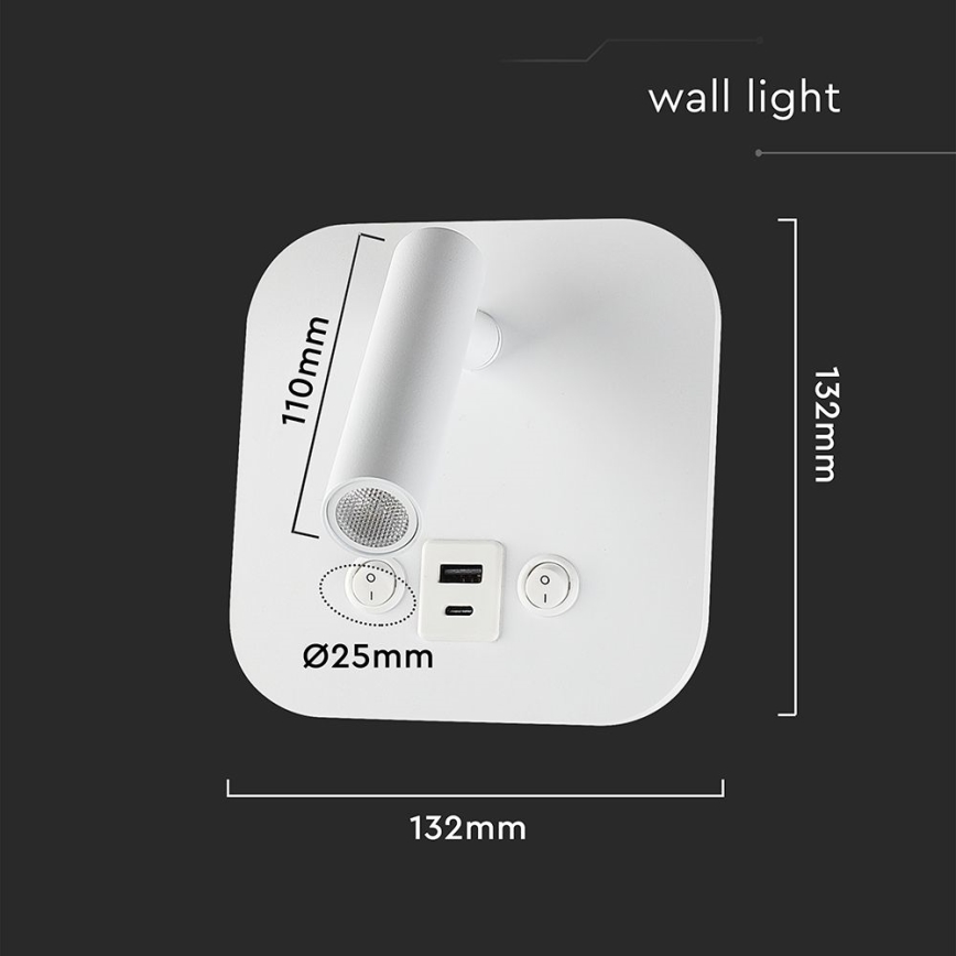Wall-Mounted LED Spotlight with USB Port, 8W/230V, 3000K, White