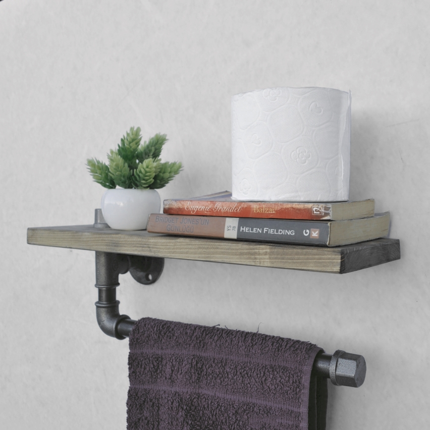 Wall shelf with towel holder BORURAF 16x40 cm spruce/black