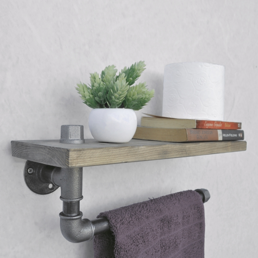 Wall shelf with towel holder BORURAF 16x40 cm spruce/black