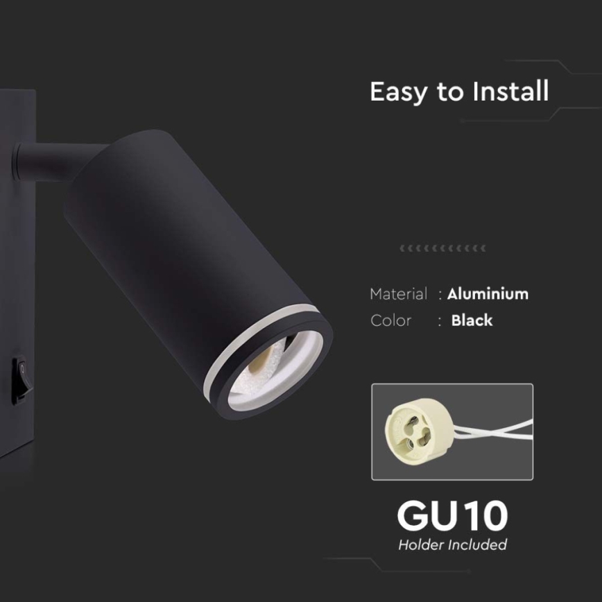 Wall spotlight with switch 1xGU10/35W/230V black