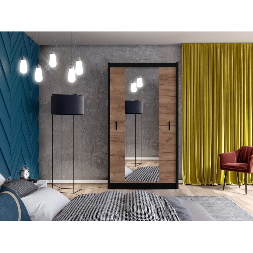 Wardrobe with mirror MIRO 120x215 cm oak craft/black