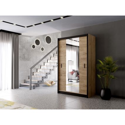 Wardrobe with mirror MIRO 150x215 cm oak craft/black