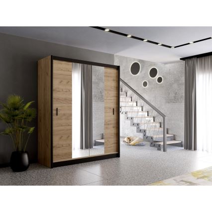Wardrobe with mirror MIRO 203x215 cm oak craft/black