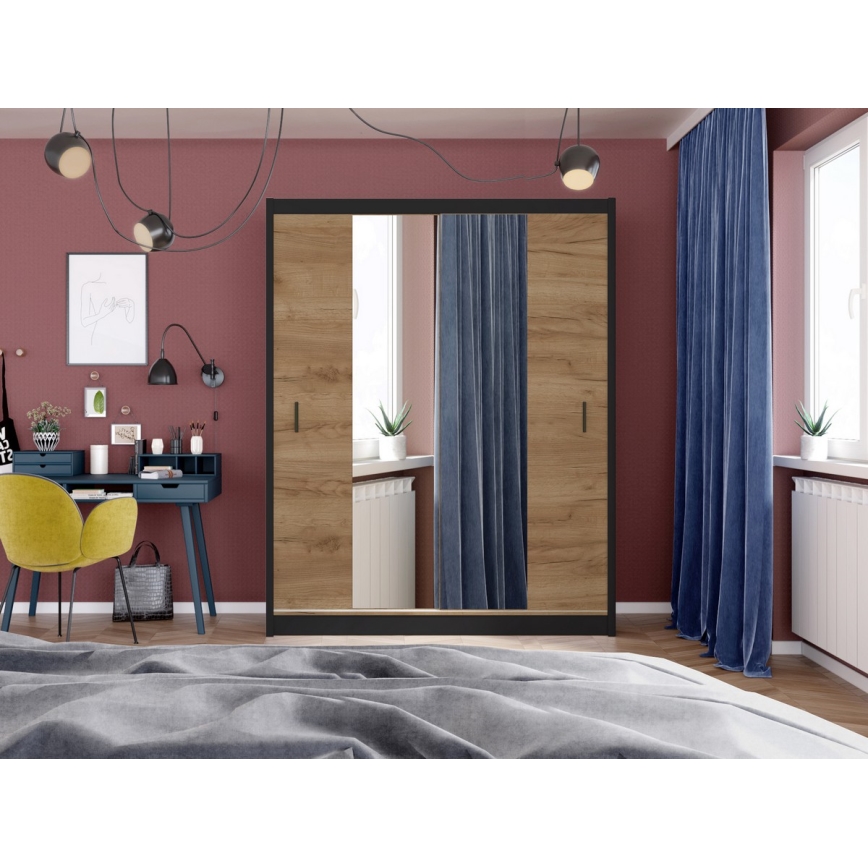 Wardrobe with mirror MIRO 203x215 cm oak craft/black