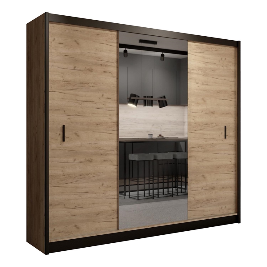 Wardrobe with mirror MIRO 250x215 cm oak craft/black